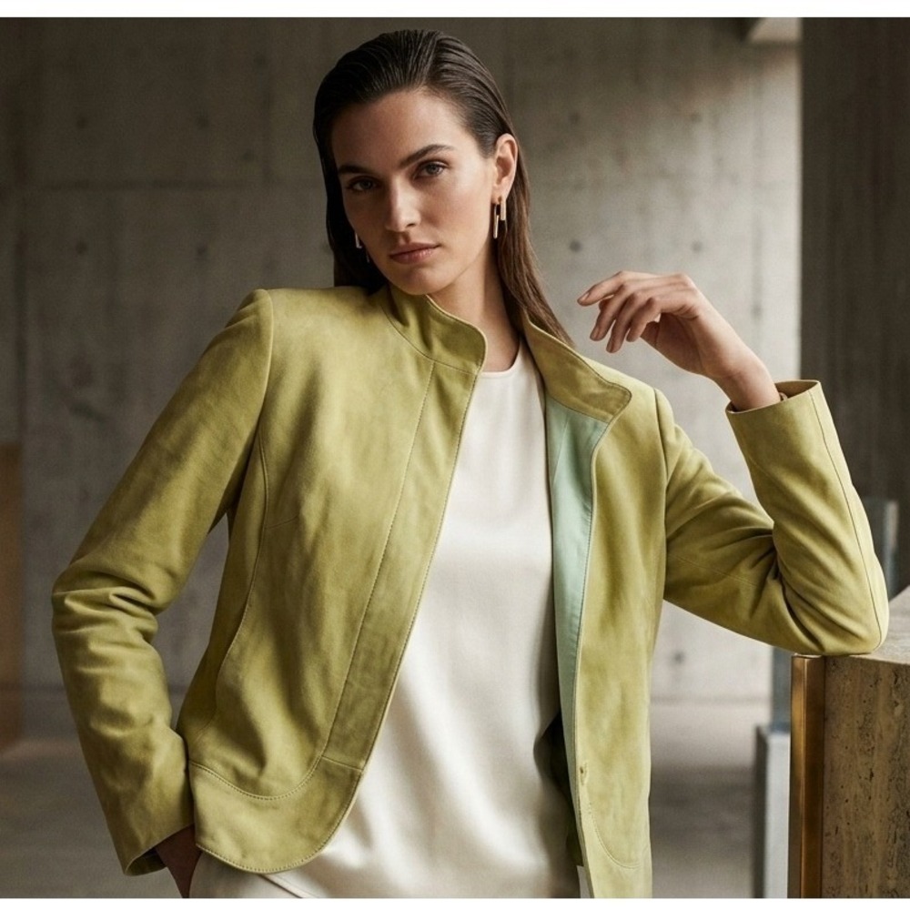 Lafayette 148 Jacket Women New York Petite Suede Leather Sage Chartreuse Siz 12P